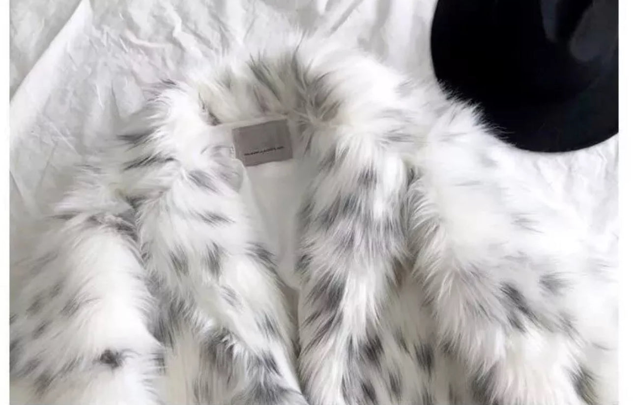 Minimalist Snow Leopard Faux Fur Coat