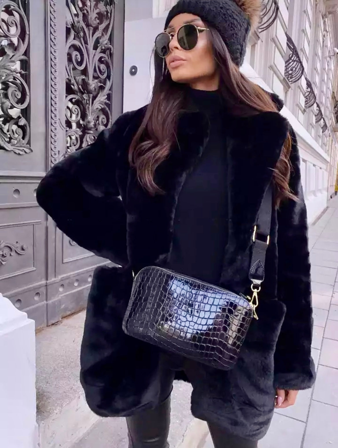 Super Soft Black Faux Fur Mid Length Jacket