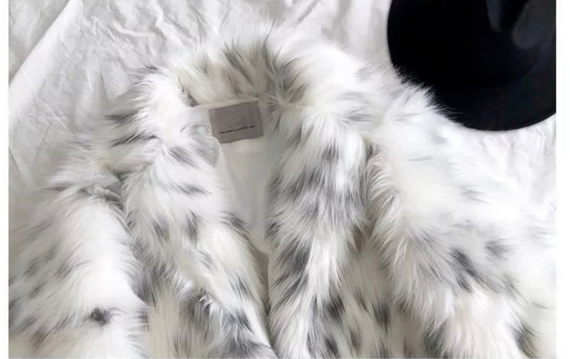 Minimalist Snow Leopard Faux Fur Coat