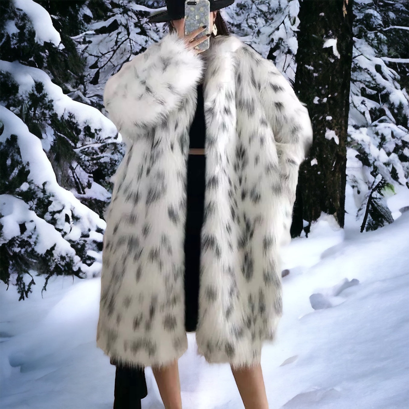 Minimalist Snow Leopard Faux Fur Coat
