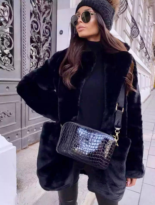 Super Soft Black Faux Fur Mid Length Jacket