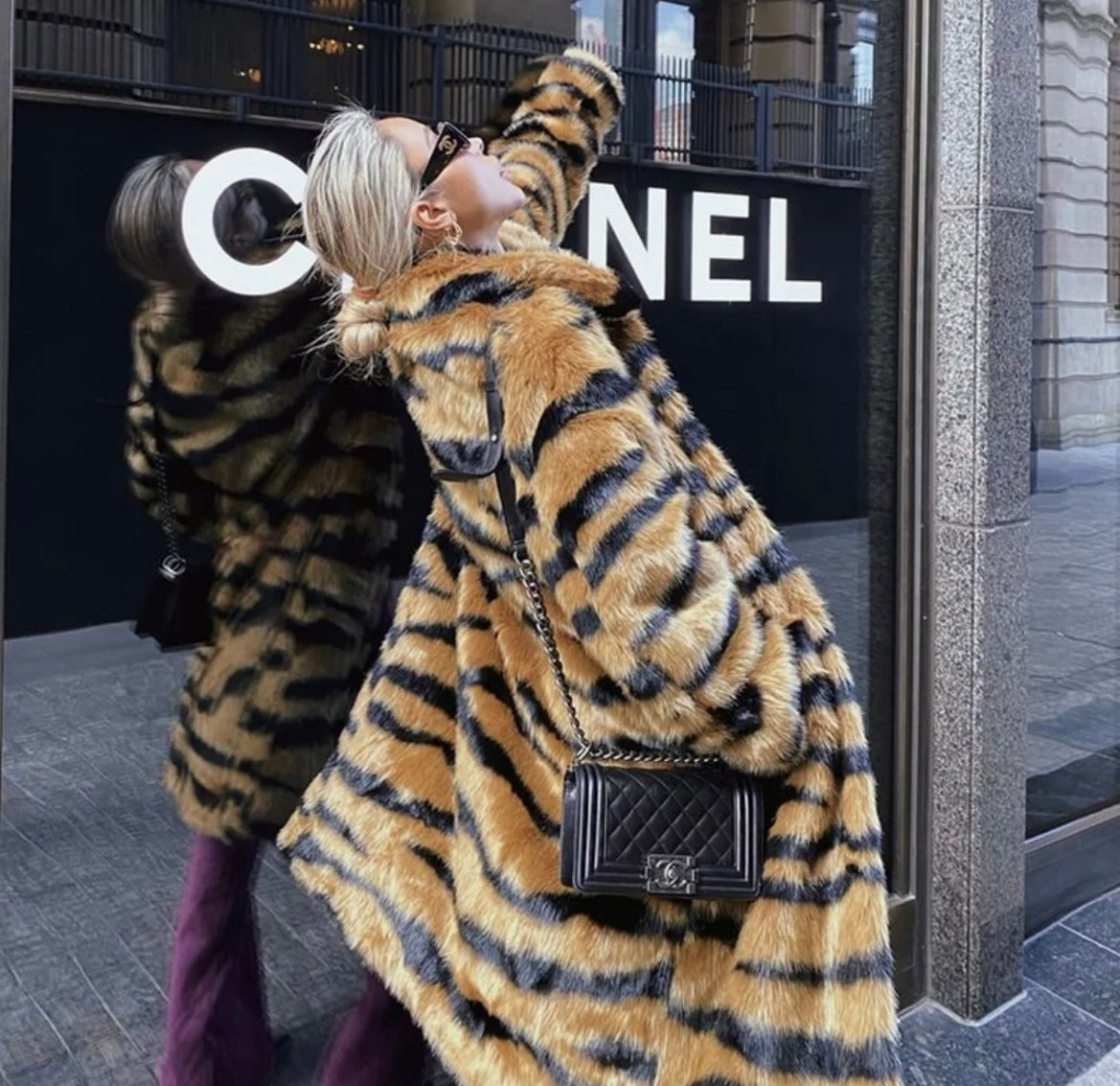 Tiger Print Faux Fur Coat Free Shipping