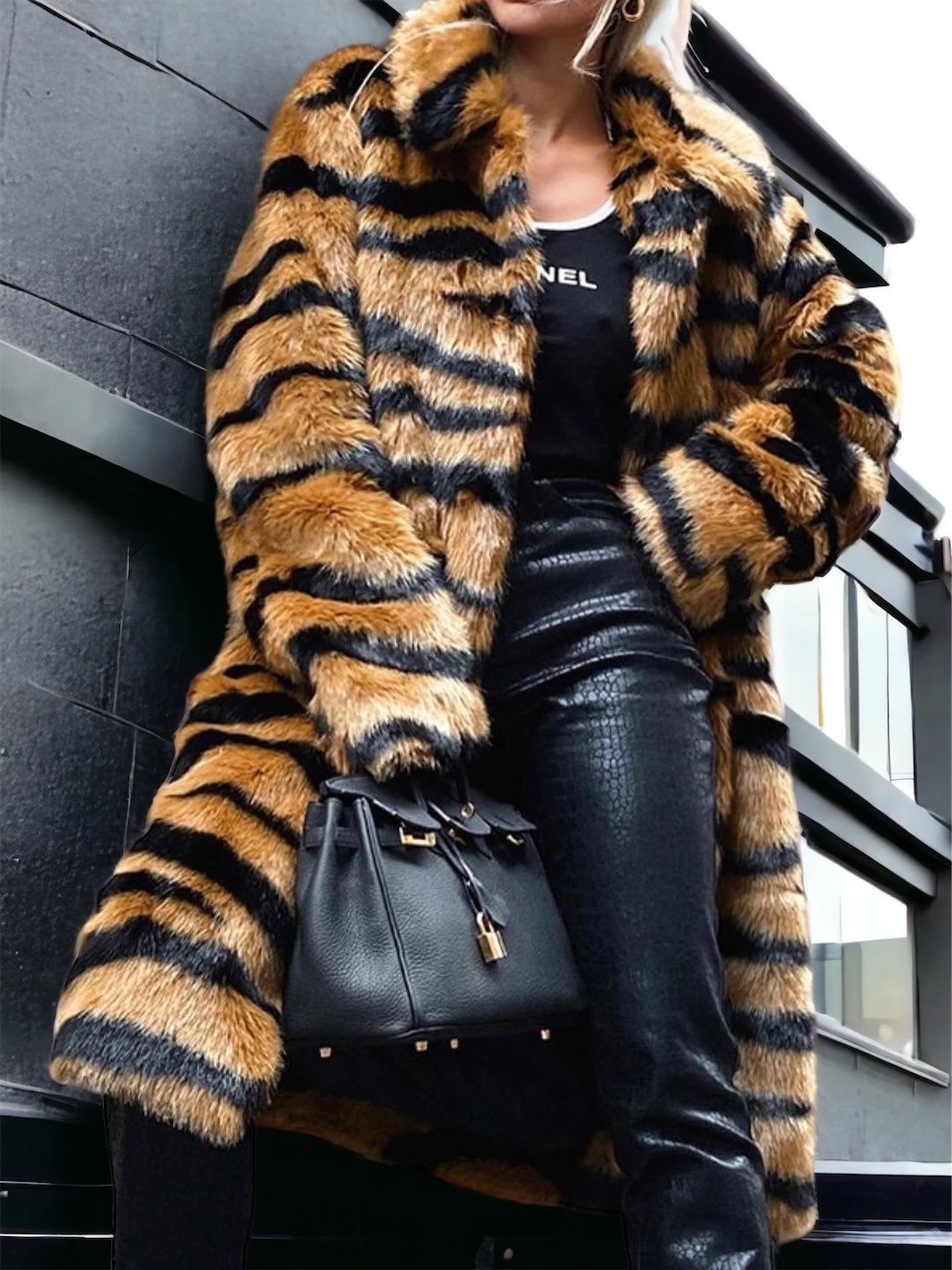 Tiger Print Faux Fur Coat Free Shipping