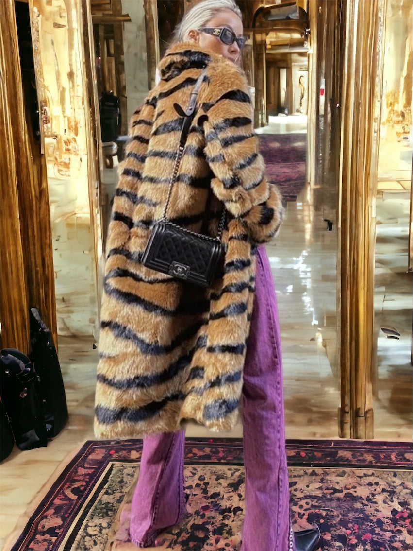 Tiger Print Faux Fur Coat Free Shipping